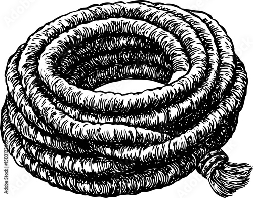 Coiled rope illustration in black and white with detailed texture