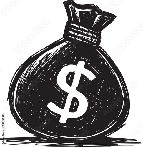 Black sketch of a money bag with dollar sign in monochrome style, financial symbol