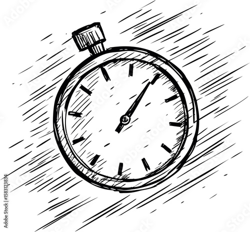 Monochrome sketch of a stopwatch with motion blur illustrating speed concept