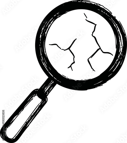 Magnifying glass illustration with cracks and black outline, detective concept