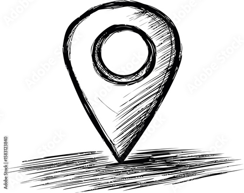 Black and white sketched location pin drawing on paper