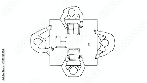 Overhead view of four people sitting around a square table with objects on it in black and white