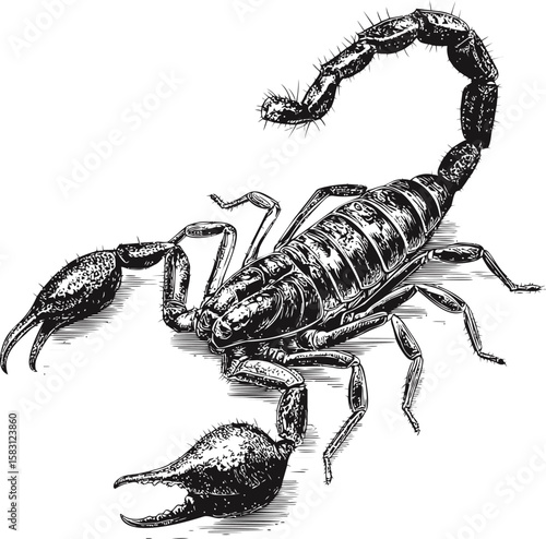 Black and white detailed illustration of a scorpion with raised tail, line art