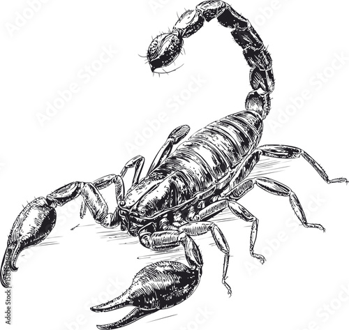 Detailed black and white illustration of a scorpion with raised stinger