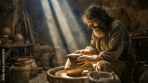 Prophet Jeremiah as a potter shaping clay, biblical metaphor of God's divine sovereignty, artisan's hands molding a handmade vessel on a wheel, Old Testament story of faith, purpose and creation.


