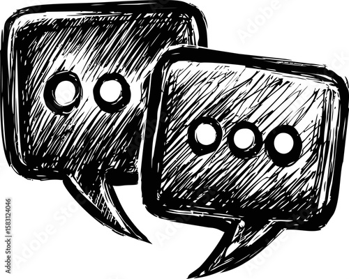 Hand-drawn sketch of overlapping speech bubbles with dots, abstract communication