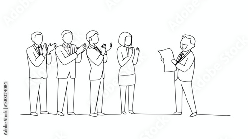 Line drawing of a group of people in suits applauding a man holding a document and smiling widely