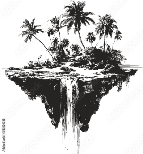 Floating island with palm trees and a waterfall in black and white illustration