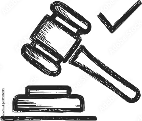 Black sketch of a gavel striking with a checkmark, legal symbol illustration