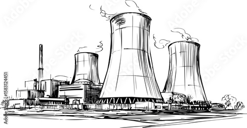 Black and white sketch of large cooling towers emitting smoke at a power plant