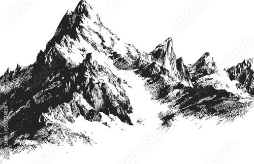 Monochrome sketch of a rugged mountain range in black and white illustration