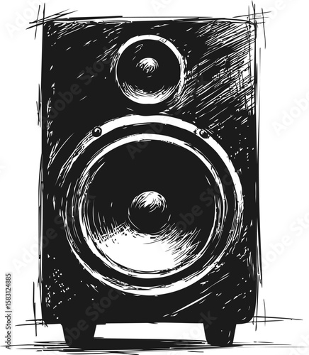Black and white sketch of a large speaker with artistic details