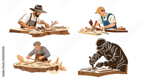 Woodworker Carving Sculpture with Chisels – Artisan at Work in Workshop Scene