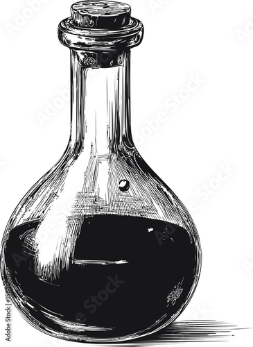 Vintage ink drawing of a filled glass flask with stopper, sketch style art