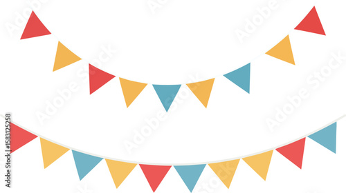 Two rows of colorful triangular pennants strung together, creating a festive decoration.