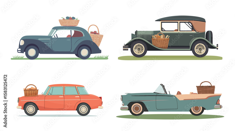 Naklejka premium Vintage Car with Picnic Basket – Retro Vector Illustration for Travel and Leisure Concepts