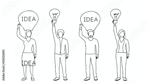 Four people holding up idea lightbulbs and idea balloons in a black and white line drawing style