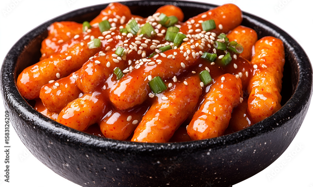 Tteokbokki, a popular Korean street food, is served in a black bowl, topped with sesame seeds and chopped green onions, coated in a vibrant red sauce.