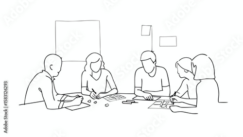 Five people are sitting around a table with papers and pens in a meeting or workshop setting shown in line art