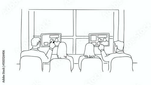 People sitting in chairs pointing at screens in a room with a large window behind them viewing content