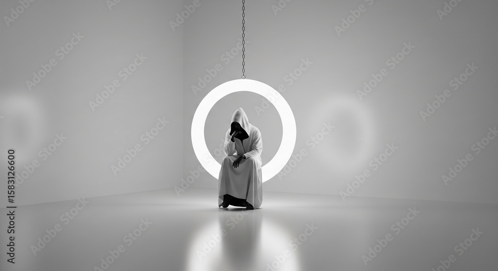 Hooded figure seated in minimalist white room, illuminated by a circular light, conveying introspection or contemplation, suitable for thematic or conceptual projects Hooded figure seated in minimalist white room, illuminated by a circular light, conveying introspection or contemplation, suitable for thematic or conceptual projects