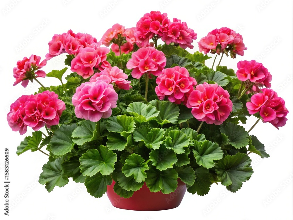 Close up of bright pink geranium flowers with green leaves in pot Close up of bright pink geranium flowers with green leaves in pot