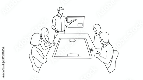Illustration of a presenter at a modern table with an interactive screen and several attendees present