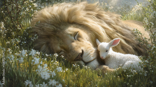The lion and lamb lying together in peace, Isaiah's biblical prophecy of the peaceable kingdom, a holy symbol of harmony, trust and friendship, Christian hope for a new earth and reconciliation

