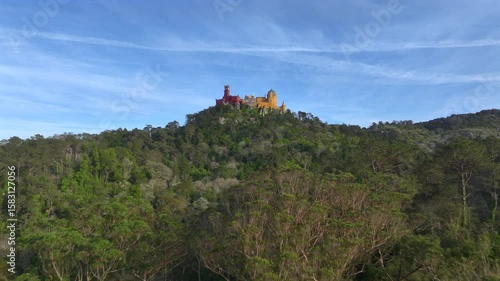 National Palace of Pena in Sintra, Lisbon, Portugal. Aerial view of famous historic Pena palace castle. 