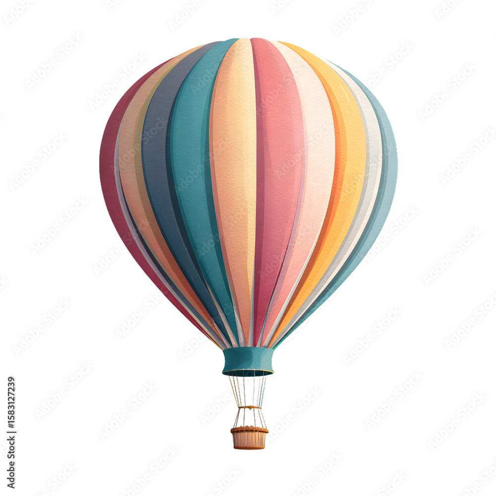 Fototapeta premium Cartoon hot air balloon floating against a black backdrop, travel concept illustration