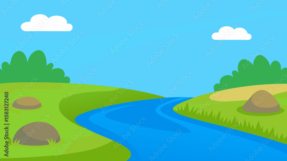 Fototapeta premium Minimal Cartoon Landscape with Calm River 