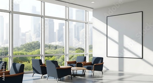 Modern waiting area with large windows offering a city park view and a blank frame for advertisement.