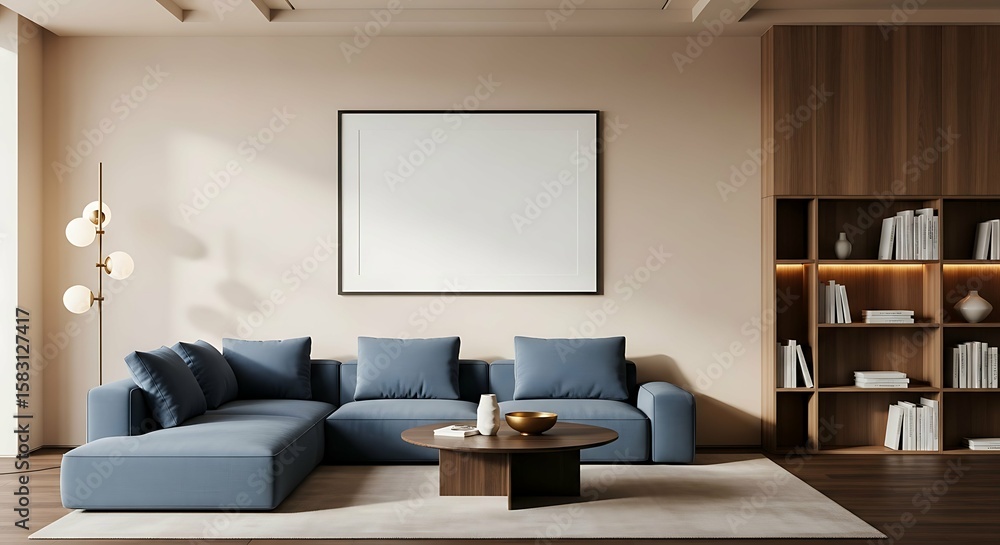 Interior of a modern living room with a blue sofa, coffee table, and blank picture frame on the wall. Interior of a modern living room with a blue sofa, coffee table, and blank picture frame on the wall.