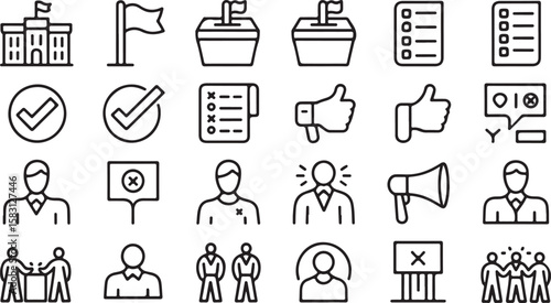 Black and White Line Art Icons Set Voting Election Politics Survey Feedback Checkmarks Thumbs Up Down