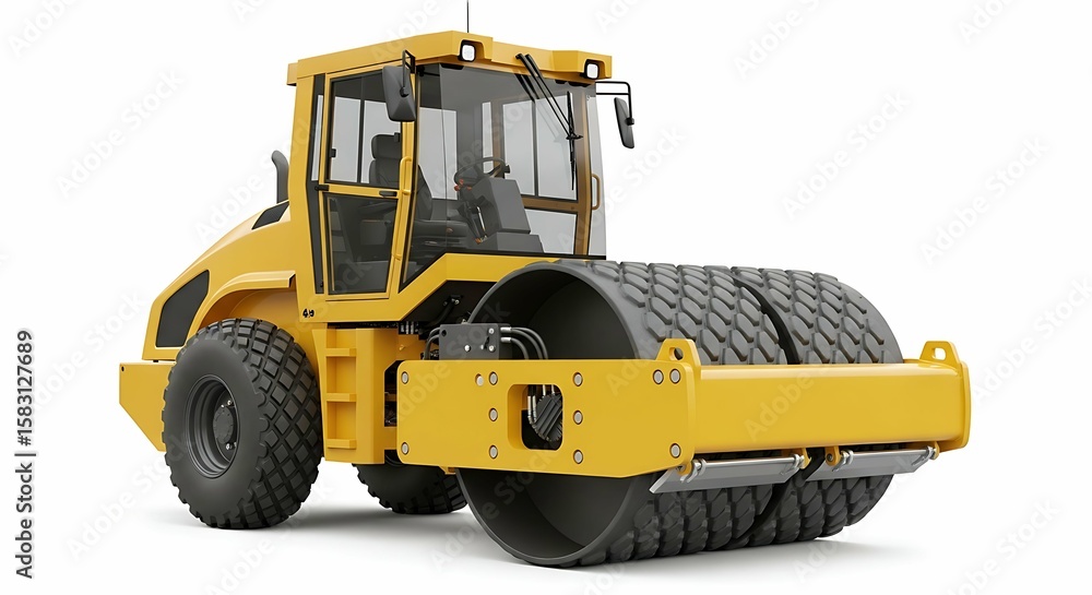 Fototapeta premium Yellow road roller, heavy machinery, construction equipment, isolated on white background.