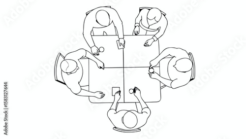 Overhead view of five people sitting around a square table playing a game with cards and tokens present