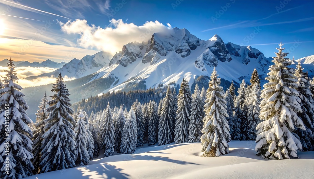 Fototapeta premium Snowy Mountain Peaks and Evergreen Trees on a Sunny Winter Day