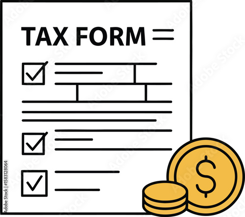 Tax form illustration with checkmarks and coins, representing financial obligations and returns.
