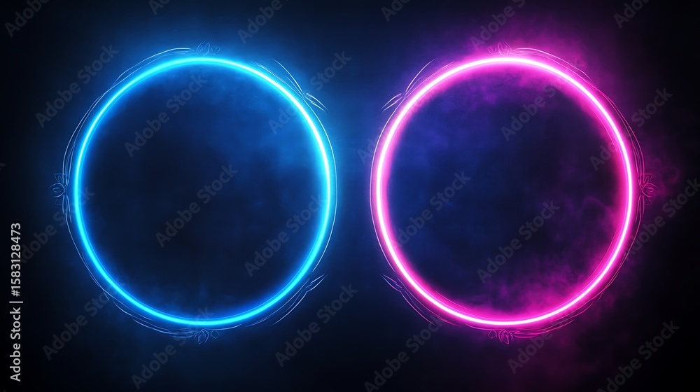 Fototapeta premium Two glowing neon circles on a dark background (1)