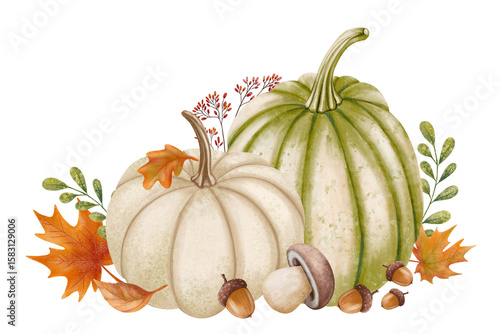 White and green pumpkins with acorns, mushrooms and autumn leaves, hand-painted in cozy watercolor style, perfect for fall decorations, Thanksgiving cards, posters, stickers and seasonal invitations.