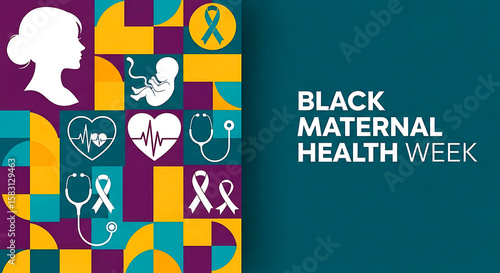 Black Maternal Health Week Graphic with Silhouettes and Medical Icons on Geometric Background pregnancy