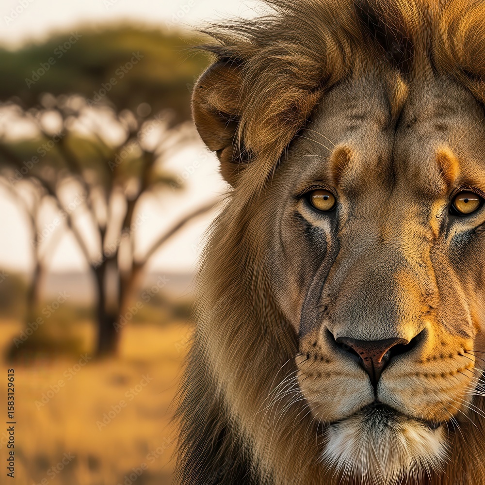 Naklejka premium Male Lion Closeup Golden Mane African Savanna African lion