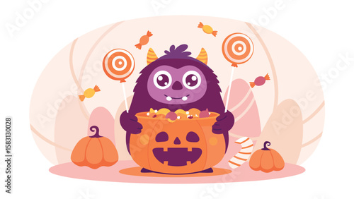 Cute monster holding a pumpkin bucket filled with halloween candy and lollipops illustration