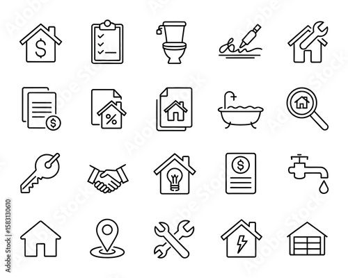 Real Estate Vector Icon Set - Property, Home, Rent, Sale, Mortgage, Contract, Plumbing, Inspection, Repair, Garage, Location, Key, Bill - Adjustable Line Weight