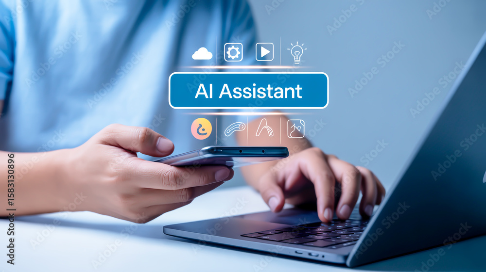 Person using smartphone and laptop with A I assistant interface Person using smartphone and laptop with A I assistant interface