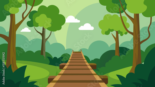 Cartoon Forest Trail with Mist and Bridges