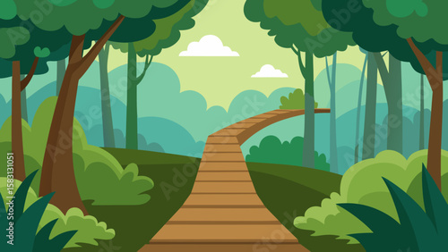 Cartoon Forest Trail with Mist and Bridges