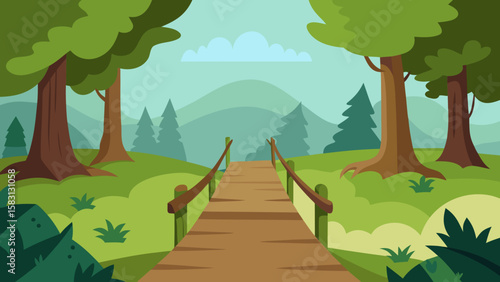 Cartoon Forest Trail with Mist and Bridges