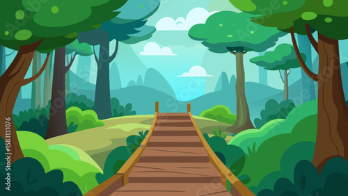Cartoon Forest Trail with Mist and Bridges