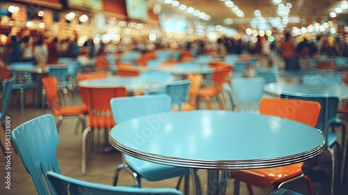 Colorful tables and chairs in a busy food court.